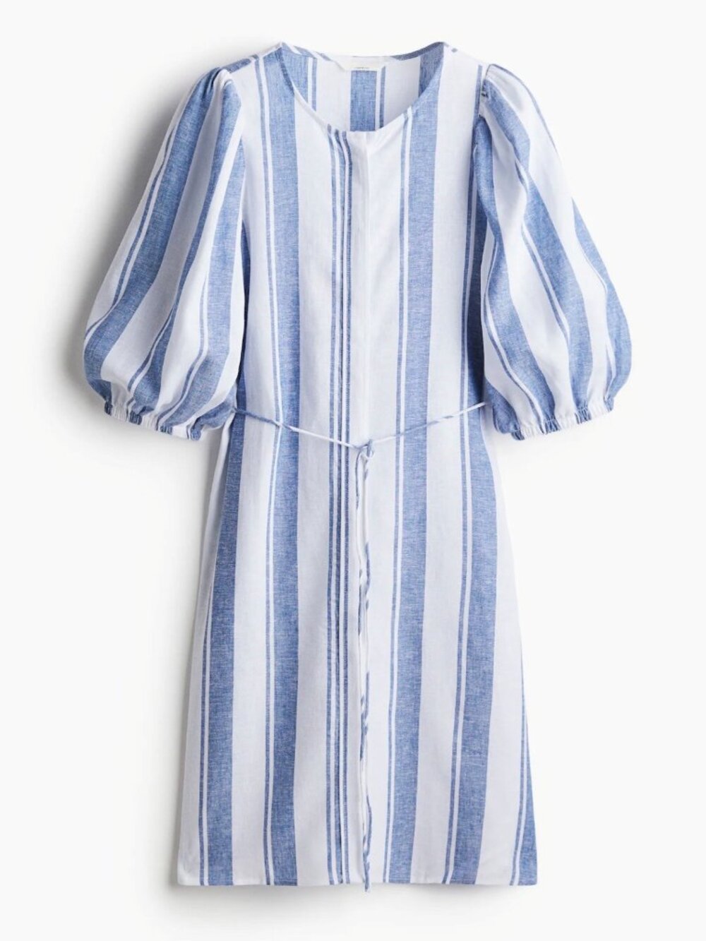 H&M Linen-Blend Knee-Length Dress in Blue and White Stripes